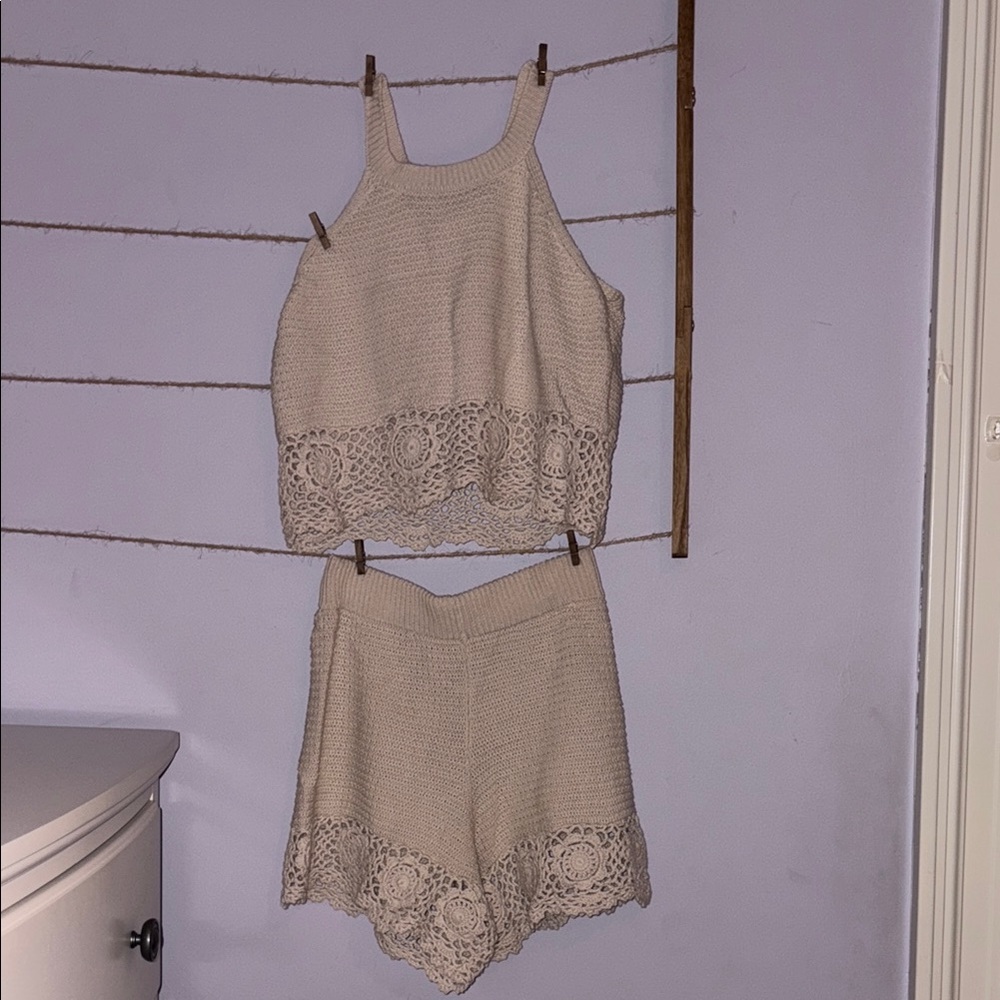 Beige Crochet Tank and Shorts Set